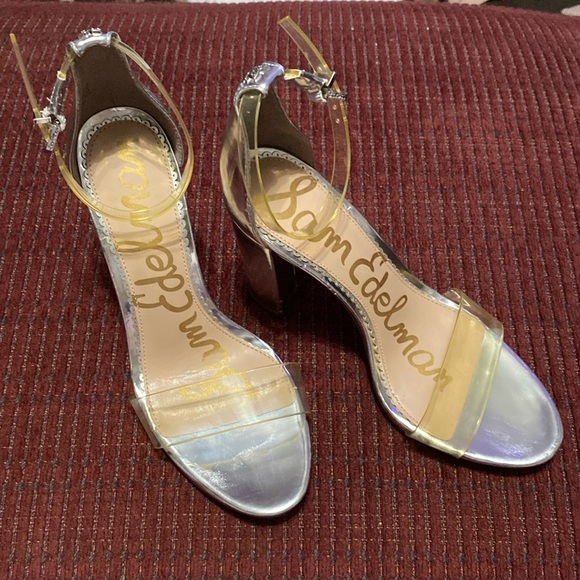 SAM EDELMAN “YARO” SILVER BLOCK HEELS W/CLEAR STRAPS - Picture 1 of 15